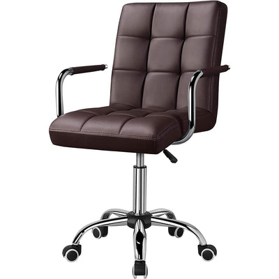 Dark Brown Modern Faux Leather Mid-Back Office Chair with Armrests and Wheels - Free Shipping 