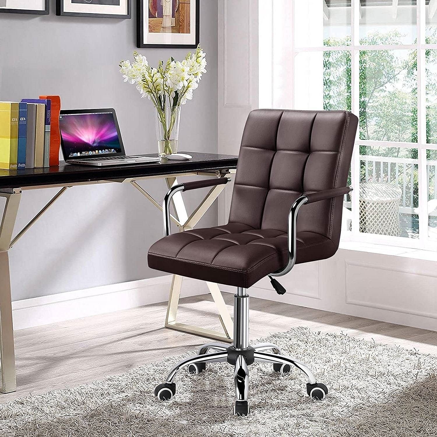 Dark Brown Modern Faux Leather Mid-Back Office Chair with Armrests and Wheels - Free Shipping 