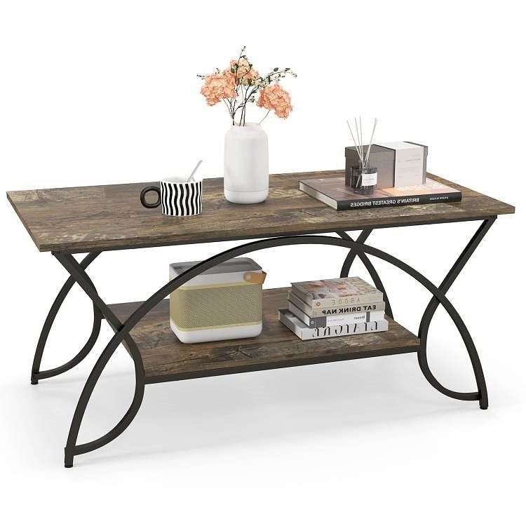 Rustic Farmhouse 2 Tier Brown Wood Coffee Table with Curved Metal Legs - Free Shipping 