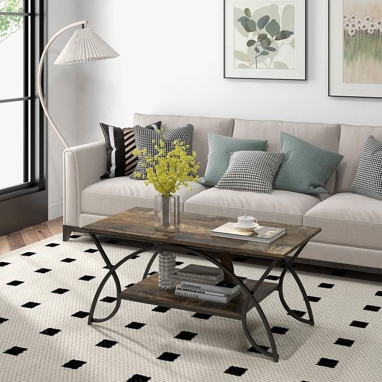 Rustic Farmhouse 2 Tier Brown Wood Coffee Table with Curved Metal Legs - Free Shipping 