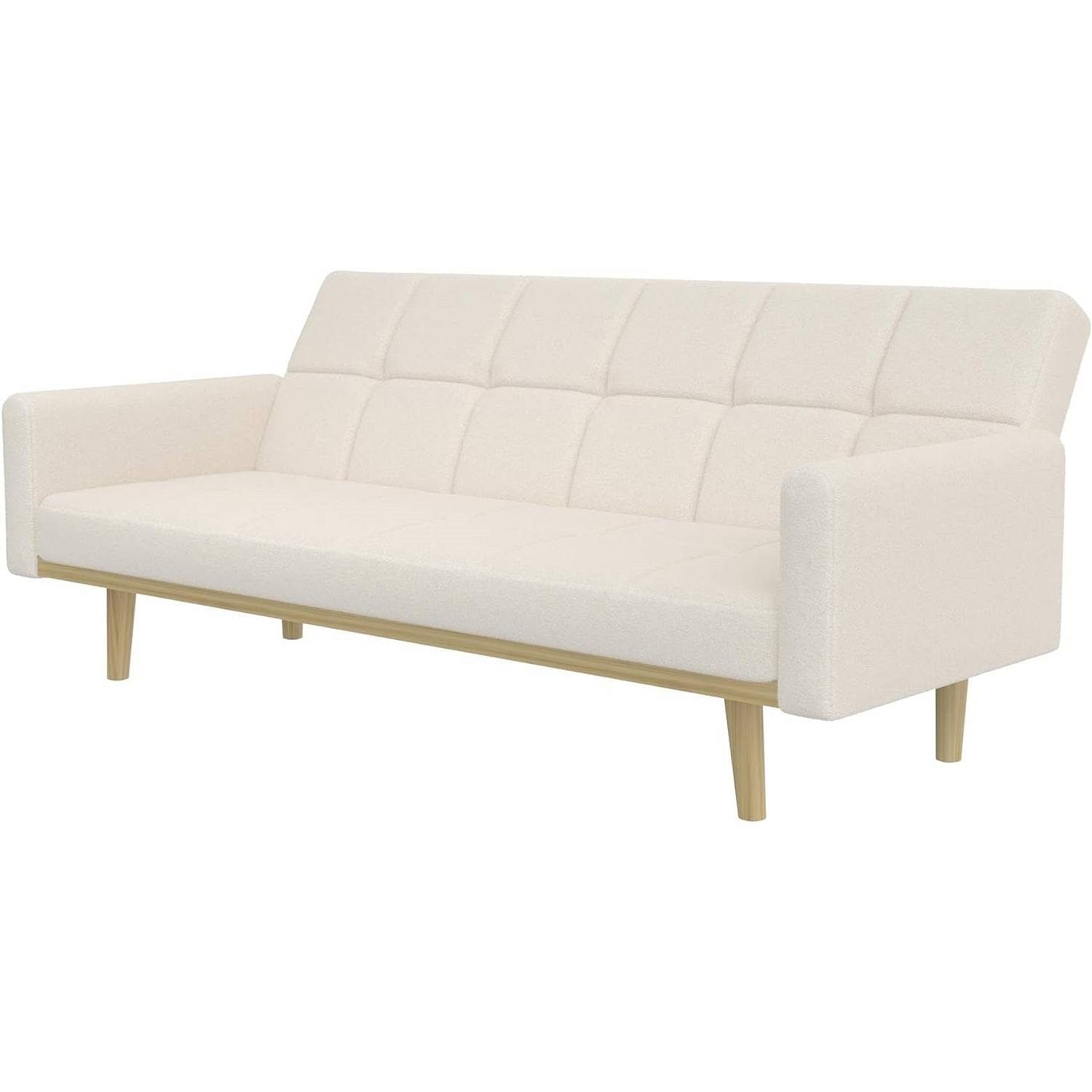 Modern Mid-Century Futon Sleeper Sofa Bed in Sherpa Ivory Fabric Upholstery - Free Shipping 