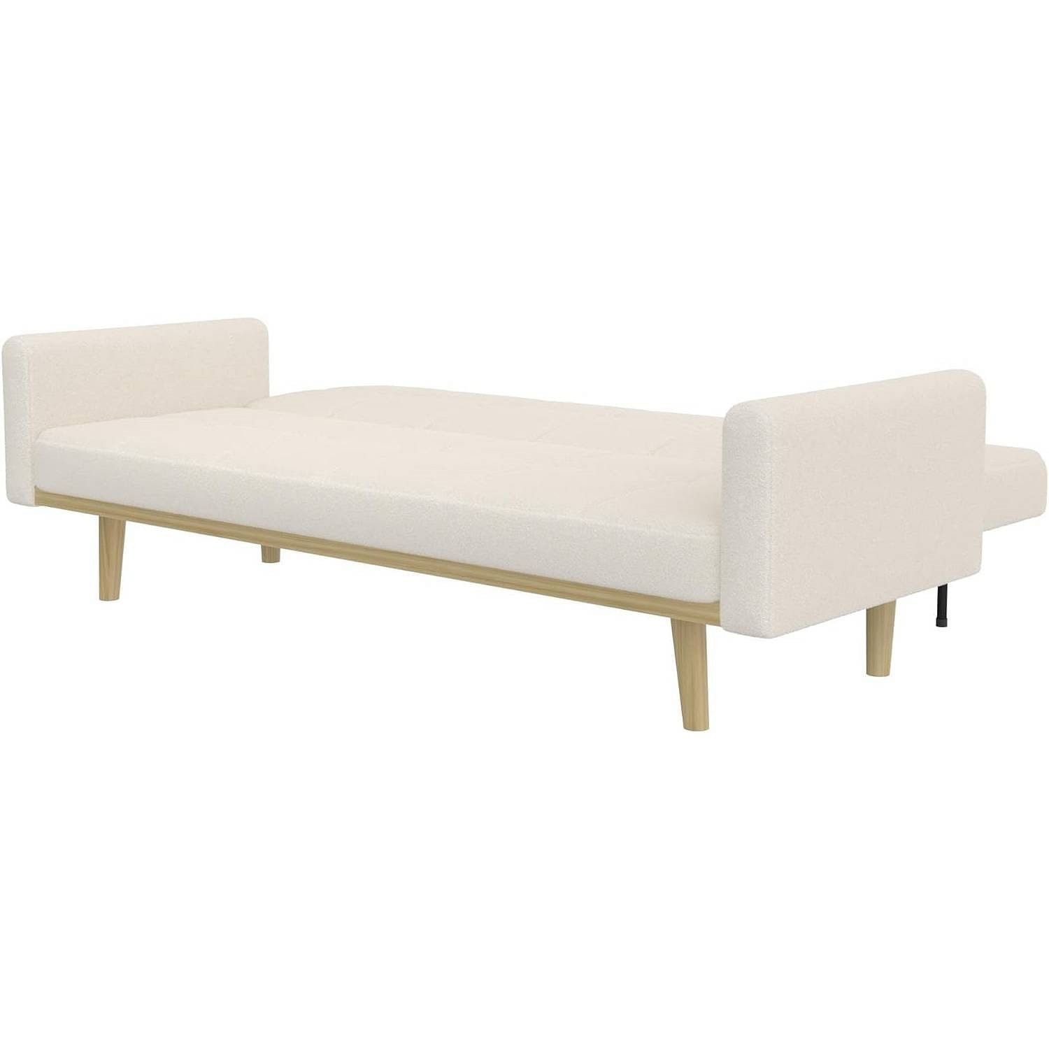 Modern Mid-Century Futon Sleeper Sofa Bed in Sherpa Ivory Fabric Upholstery - Free Shipping 