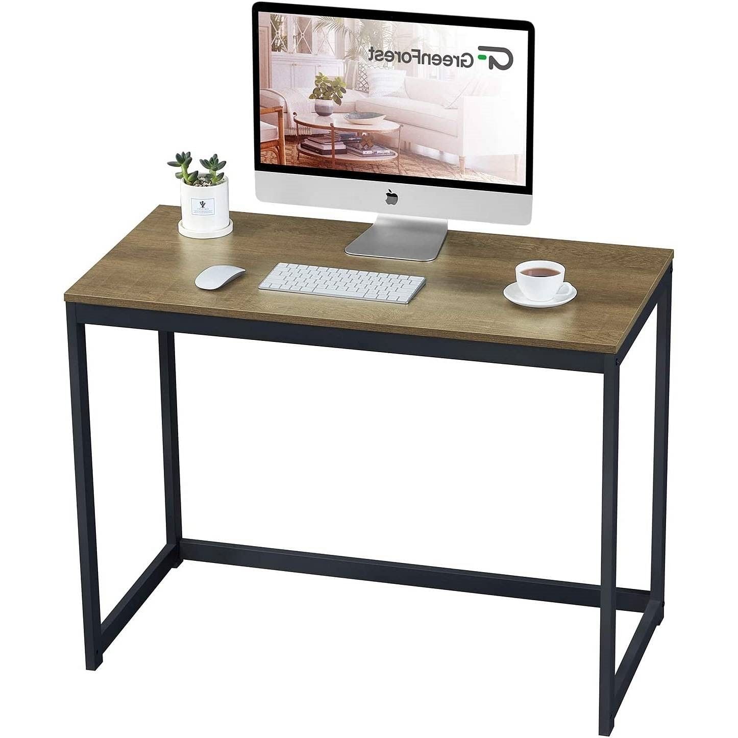 Small Home Office Modern Laptop Computer Desk Table Metal Frame Brown Wood Top - Free Shipping