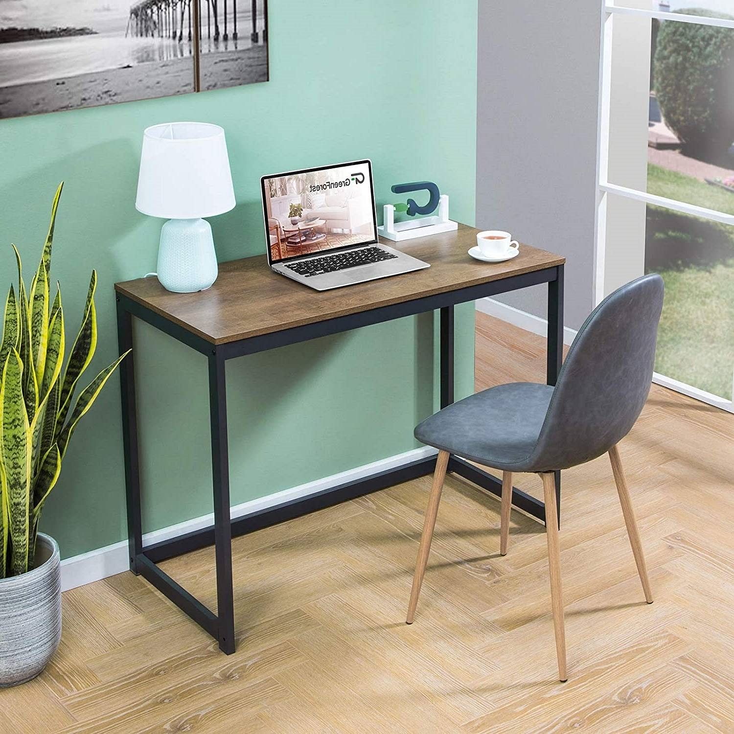 Small Home Office Modern Laptop Computer Desk Table Metal Frame Brown Wood Top - Free Shipping