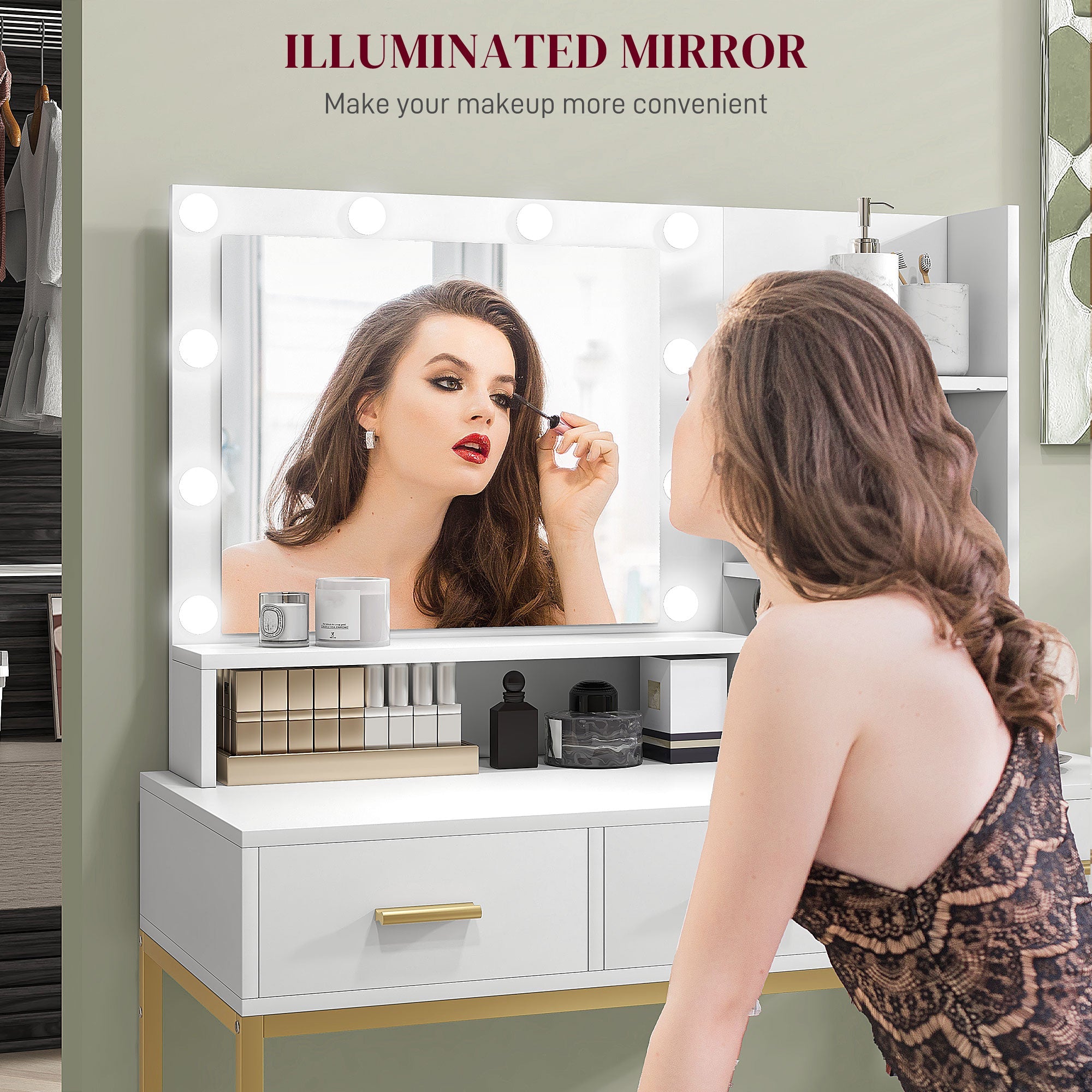 HOMCOM Illuminated Dressing Table, LED Vanity Table with Mirror, 3 Drawers and Storage Shelves for Bedroom, White 