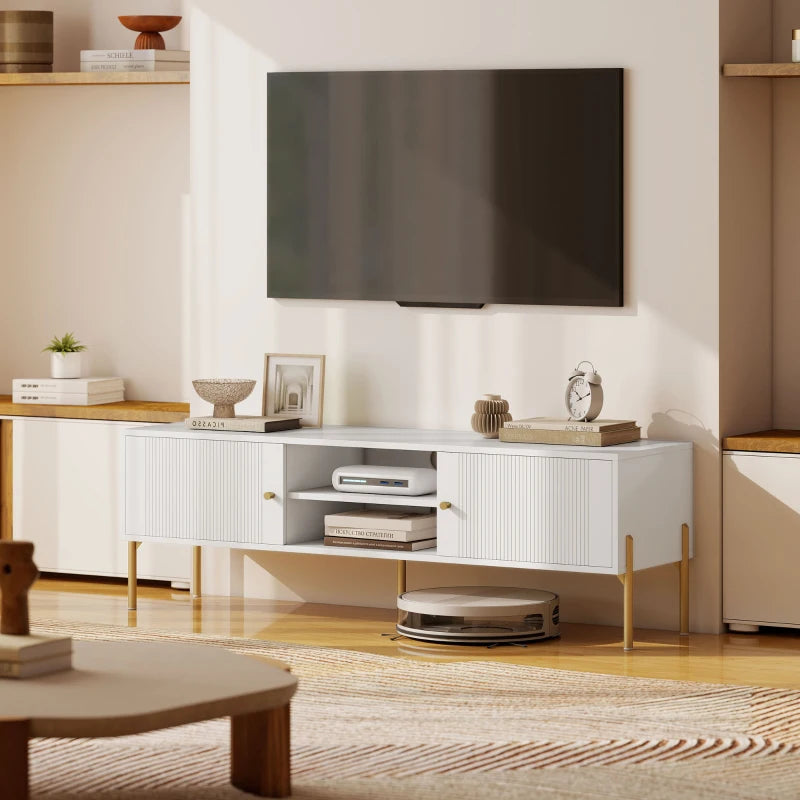 TV Stand for TVs up to 65", Entertainment Center with 2 Open Shelves, 2 Cabinets and Steel Legs for Living Room, White