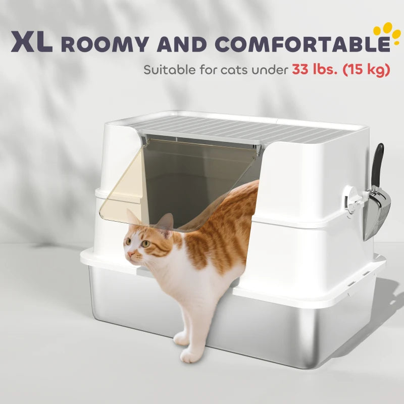 XL Stainless Steel Litter Box with Lid, Extra Large Covered Cat Litter Box for Indoor Kittens with Filp Top, Scoop