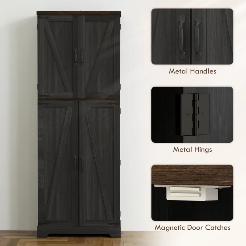 64" Tall Kitchen Pantry Cabinet with Spice Racks and Adjustable Shelves, Black Wood Grain