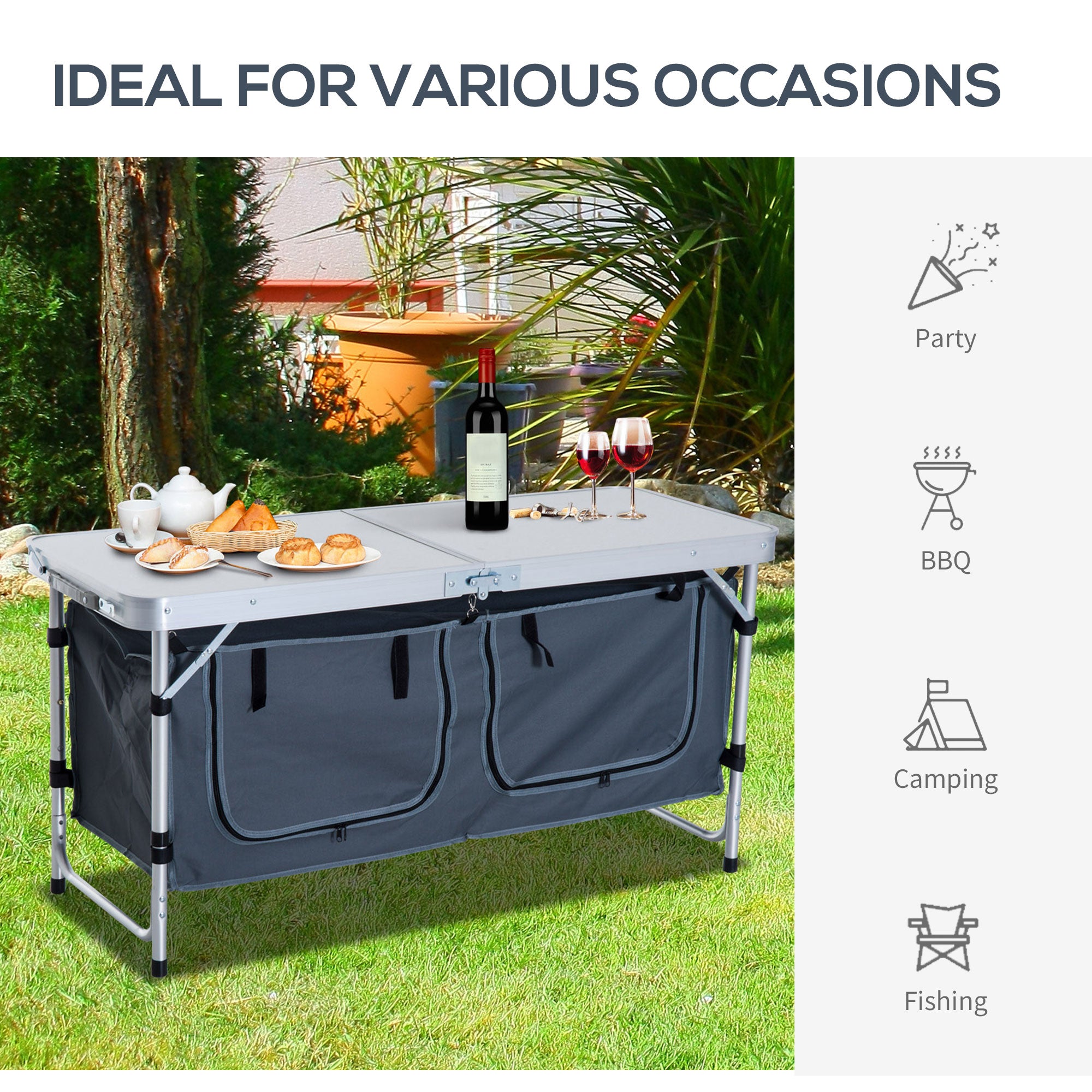 Outsunny Portable Folding Picnic Table Aluminum Adjustable Height with Storage Organizer for BBQ Camping Outdoor 