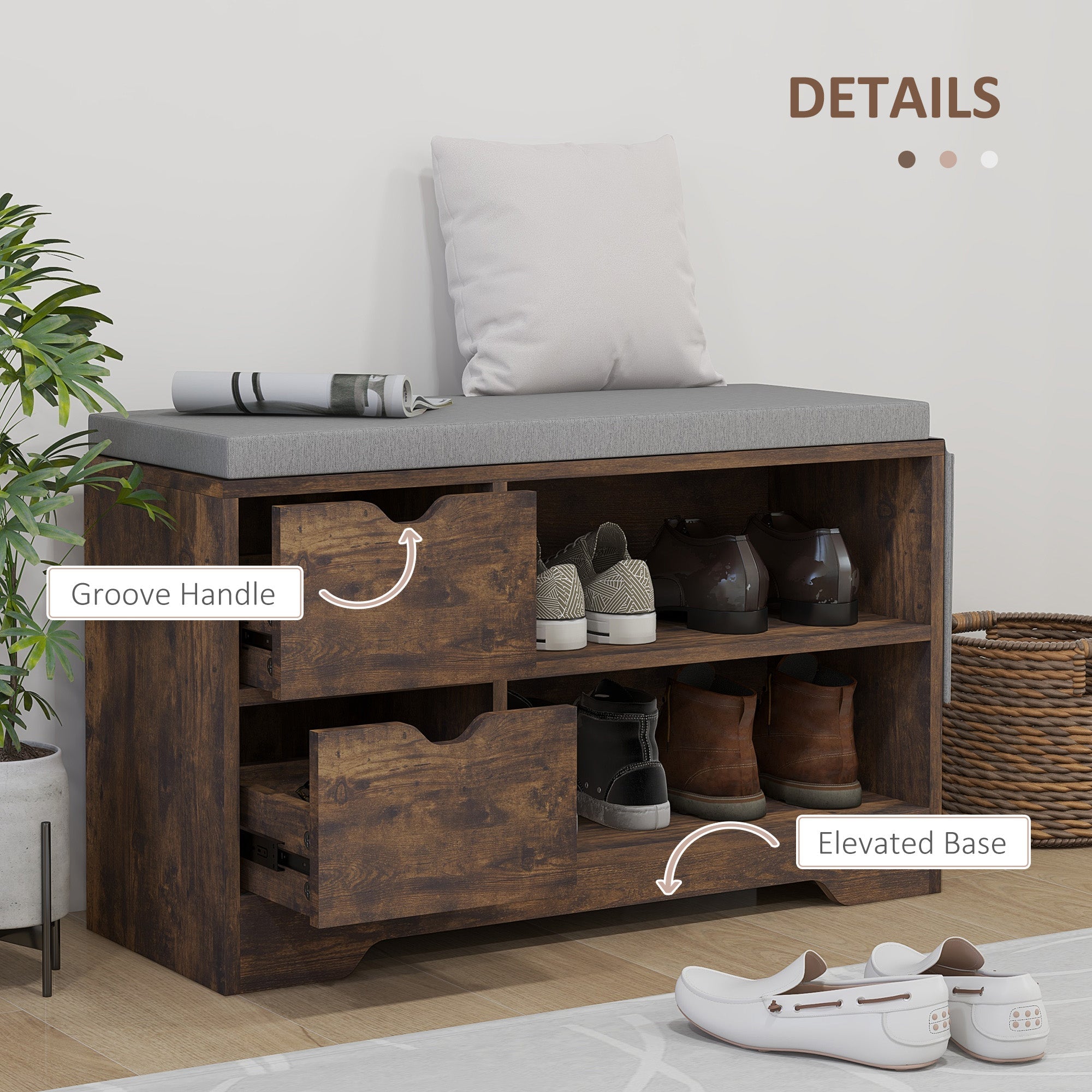 HOMCOM Upholstered Shoe Storage Bench w/ Seat, Entrance Bench w/ Drawer Open Shelves and Pocket for Hallway, Rustic Brown 