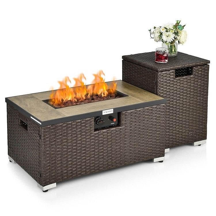 Outdoor Propane Fire Pit with Side Table Tank Holder in Brown PE Rattan - Free Shipping 