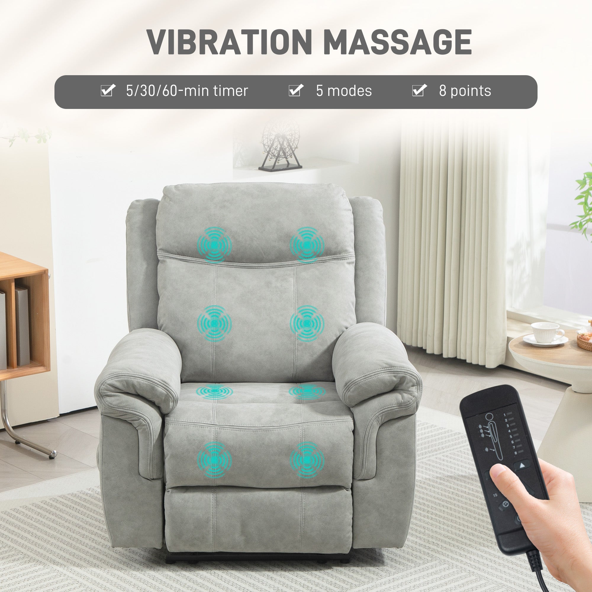 HOMCOM Manual Recliner Chair with Vibration Massage, Side Pockets, Microfibre Reclining Chair for Living Room, Grey 