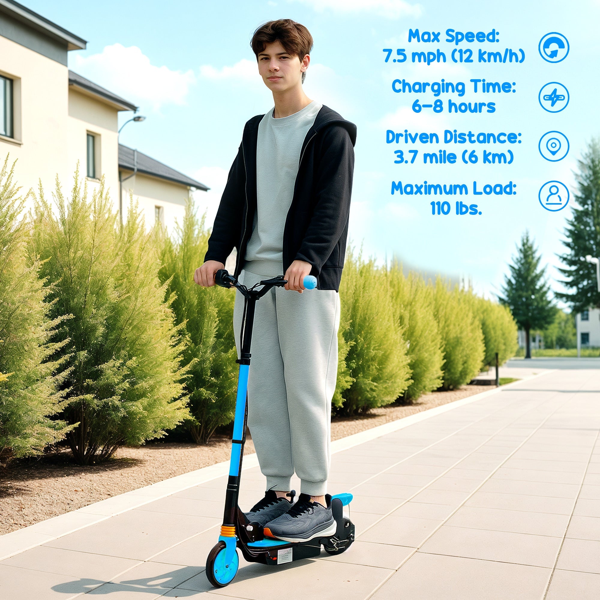 Soozier Foldable Electric Scooter for Kids Ages 6-14, with Seat and 2 Adjustable Heights, Max 6km Range & 12km/h, Blue 