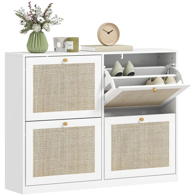 Narrow Shoe Storage Cabinet, Rattan Shoe Cabinet with 4 Flip Drawers and Adjustable Shelves for 20 Pairs, White