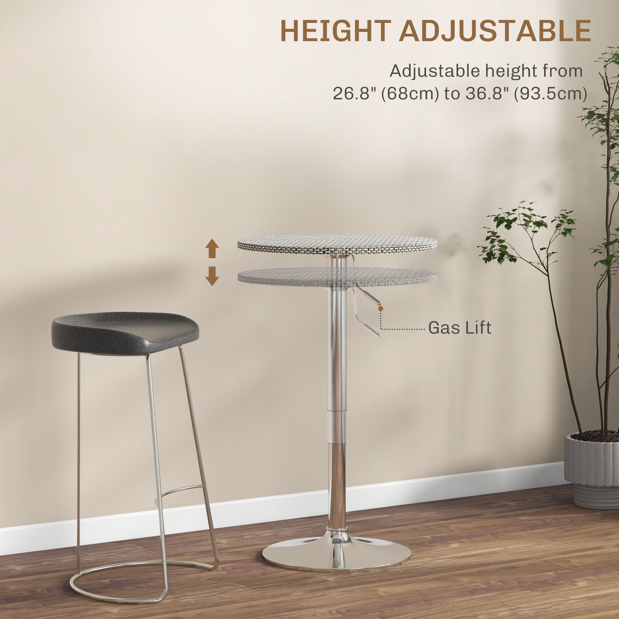 HOMCOM Adjustable Bar Table for 2, Round Pub Table with PE Rattan Top and Steel Base for Home Bar, Small Dining Room, Grey 