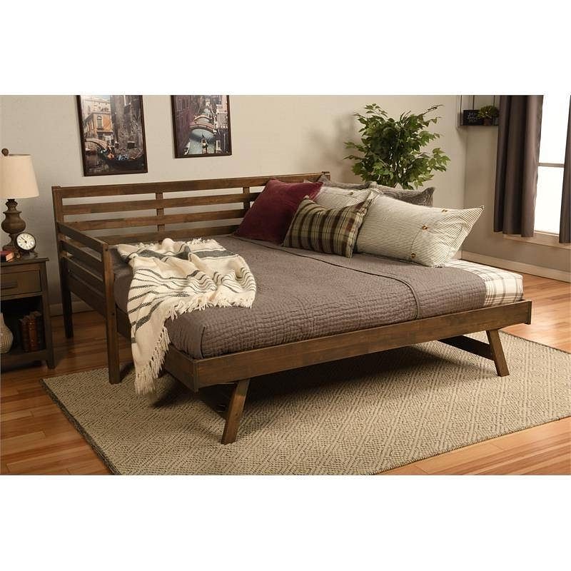 Solid Wood Daybed Frame with Twin Pop-Up Trundle Bed in Walnut Finish - Free Shipping