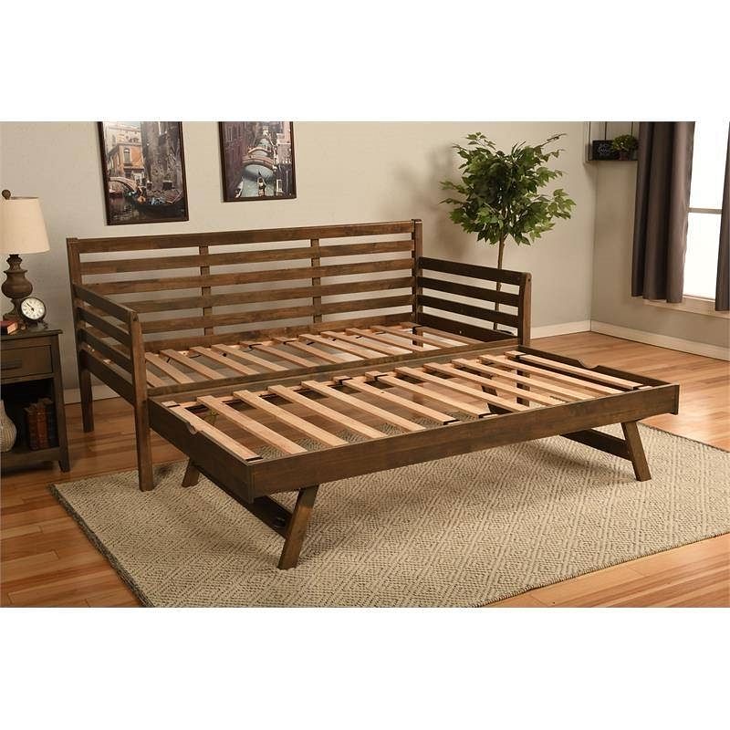 Solid Wood Daybed Frame with Twin Pop-Up Trundle Bed in Walnut Finish - Free Shipping