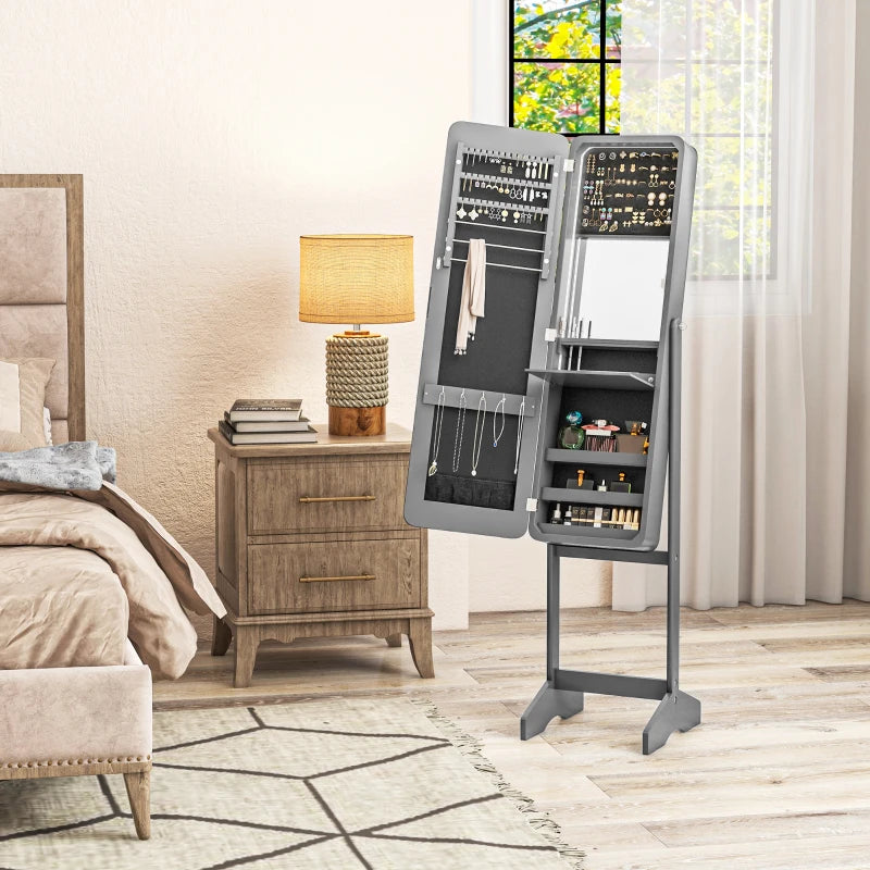 Standing Mirror Jewelry Cabinet, Jewelry Storage Cabinet with LED Lights and Angle Adjustable Full Length Mirror, Grey