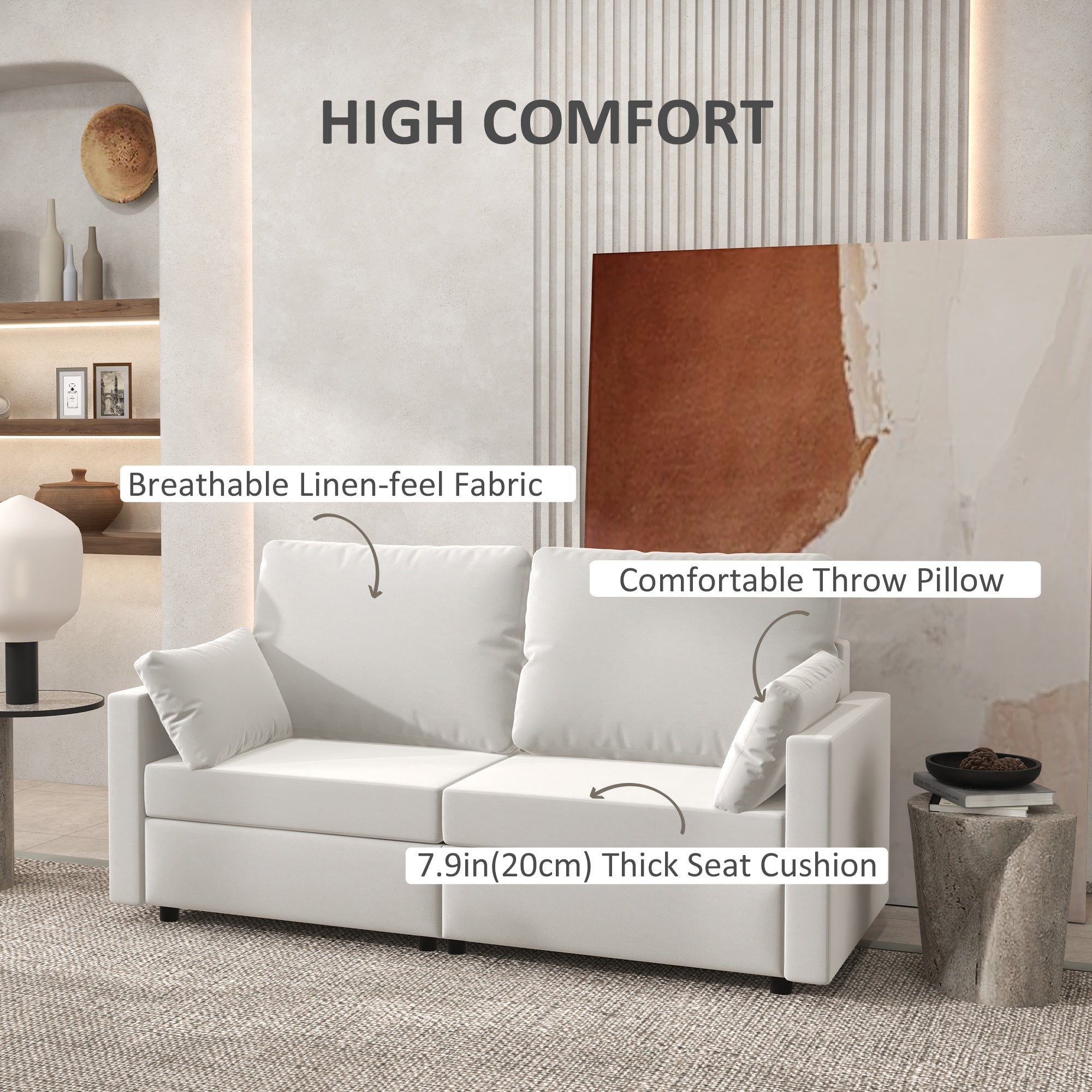 HOMCOM 77" Modern 3 Seater Sofa Upholstered Couch with 2 Throw Cushions Cream White for Living Room Bedroom 