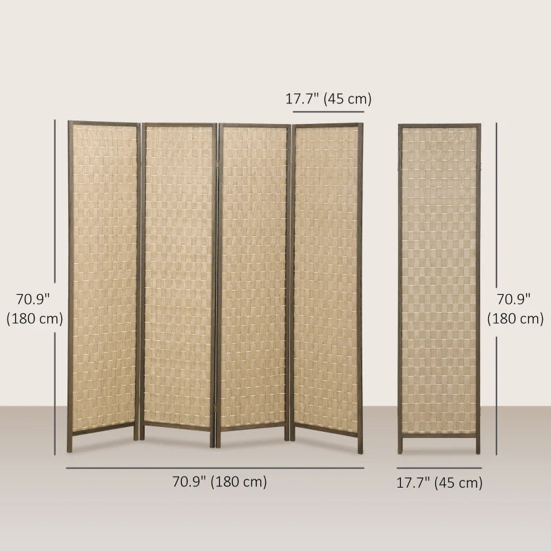 6 FT Room Divider, 4 Panel Folding Privacy Screen, Lightweight Handwoven Freestanding Partition for Home Office, Brown