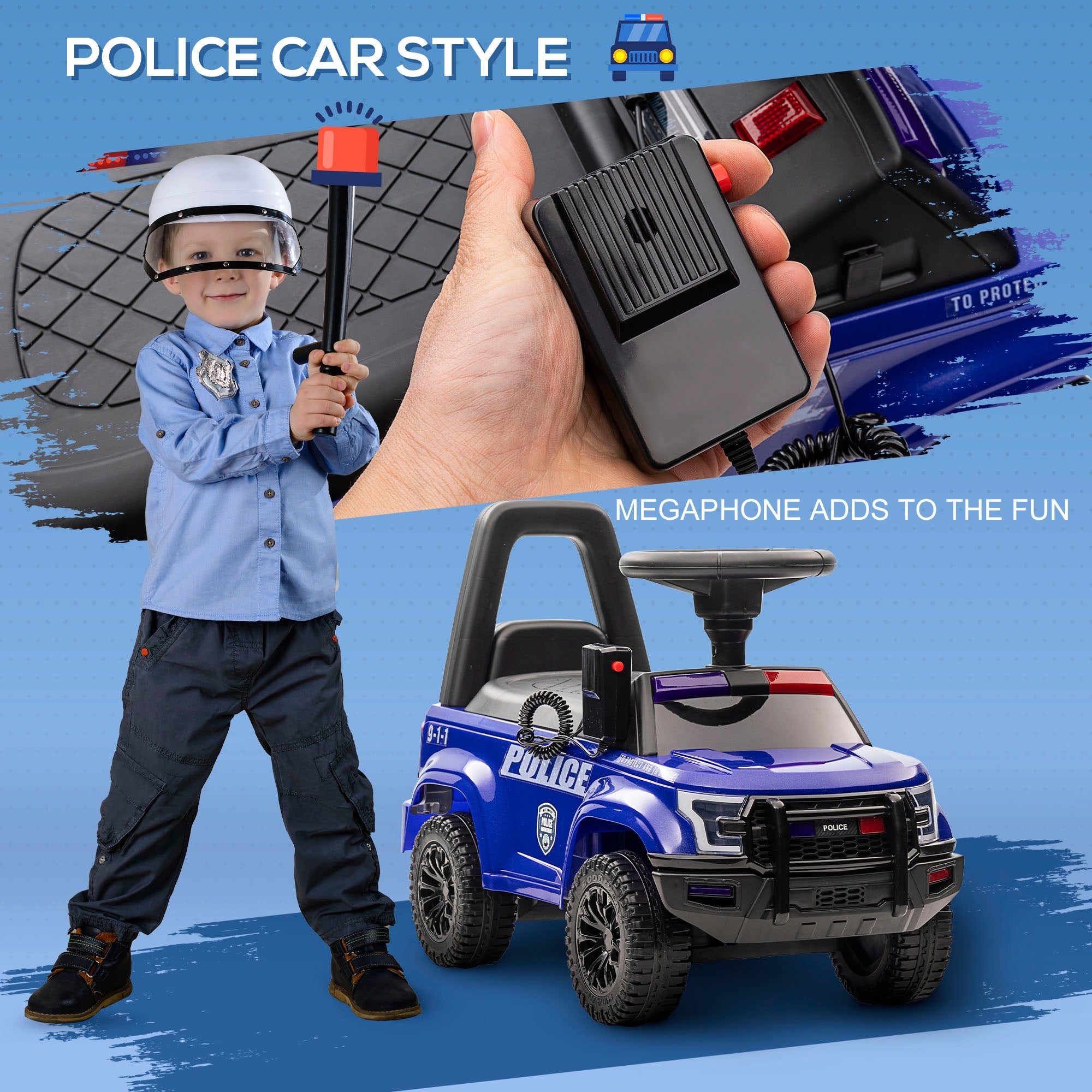 Aosom Kids Ride On Police Car Sliding Vehicle with Under Seat Storage Megaphone Anti-Tip Blue 