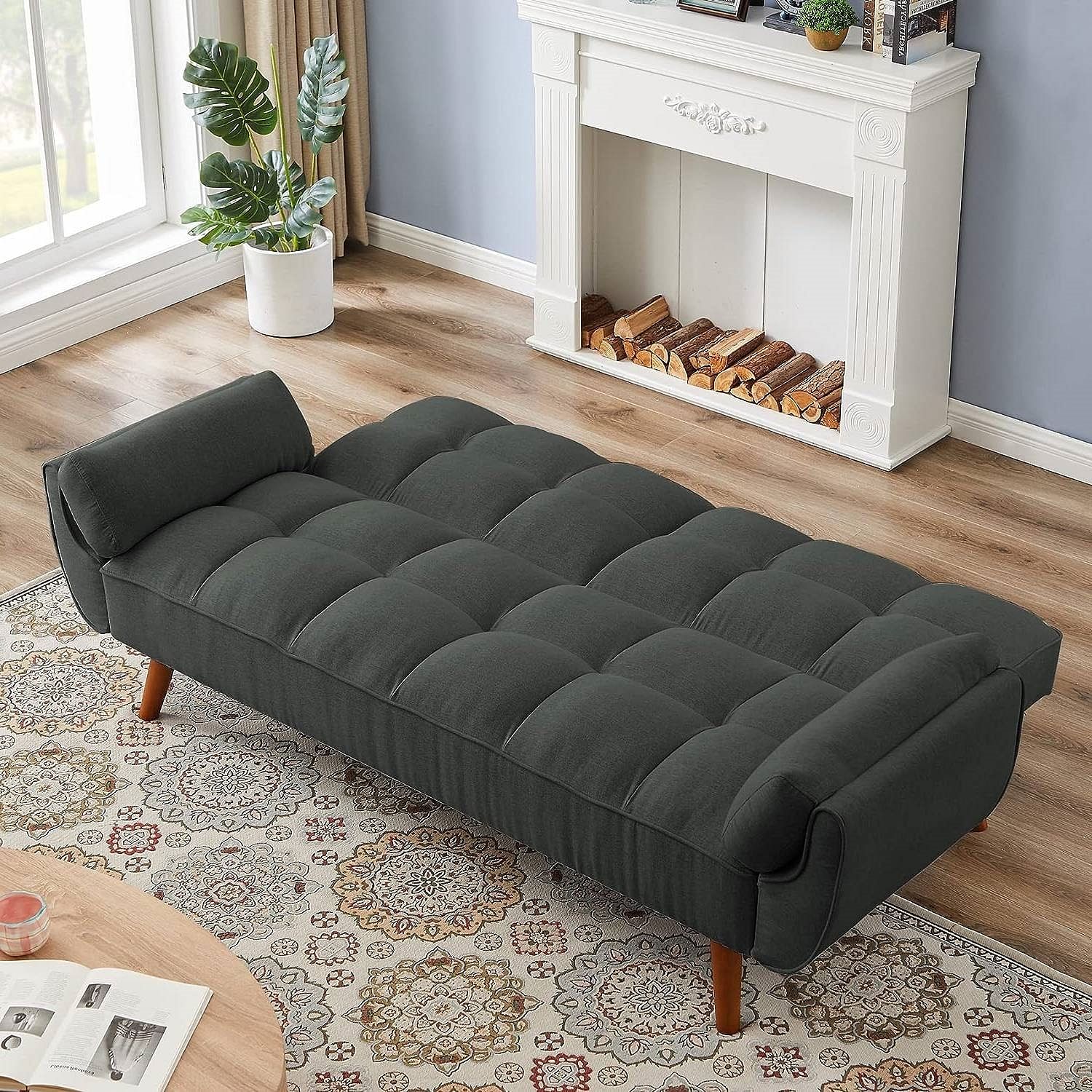 Mid-Century Modern Sofa Bed in Dark Grey Linen Polyester Tufted Upholstery - Free Shipping 