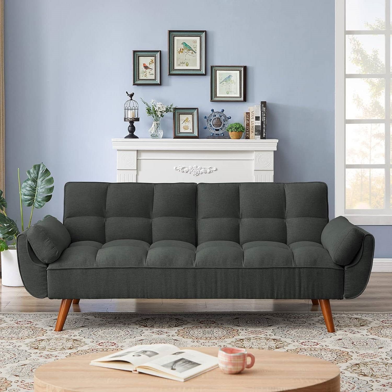 Mid-Century Modern Sofa Bed in Dark Grey Linen Polyester Tufted Upholstery - Free Shipping 