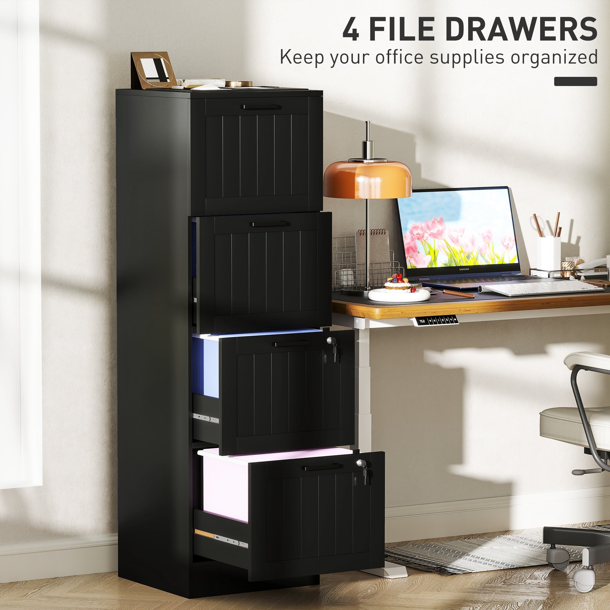 HOMCOM 4 Drawer Filing Cabinet with Lock, Office Storage Cabinet with Adjustable Hanging Bars for A4 Letter Size Files, Black 