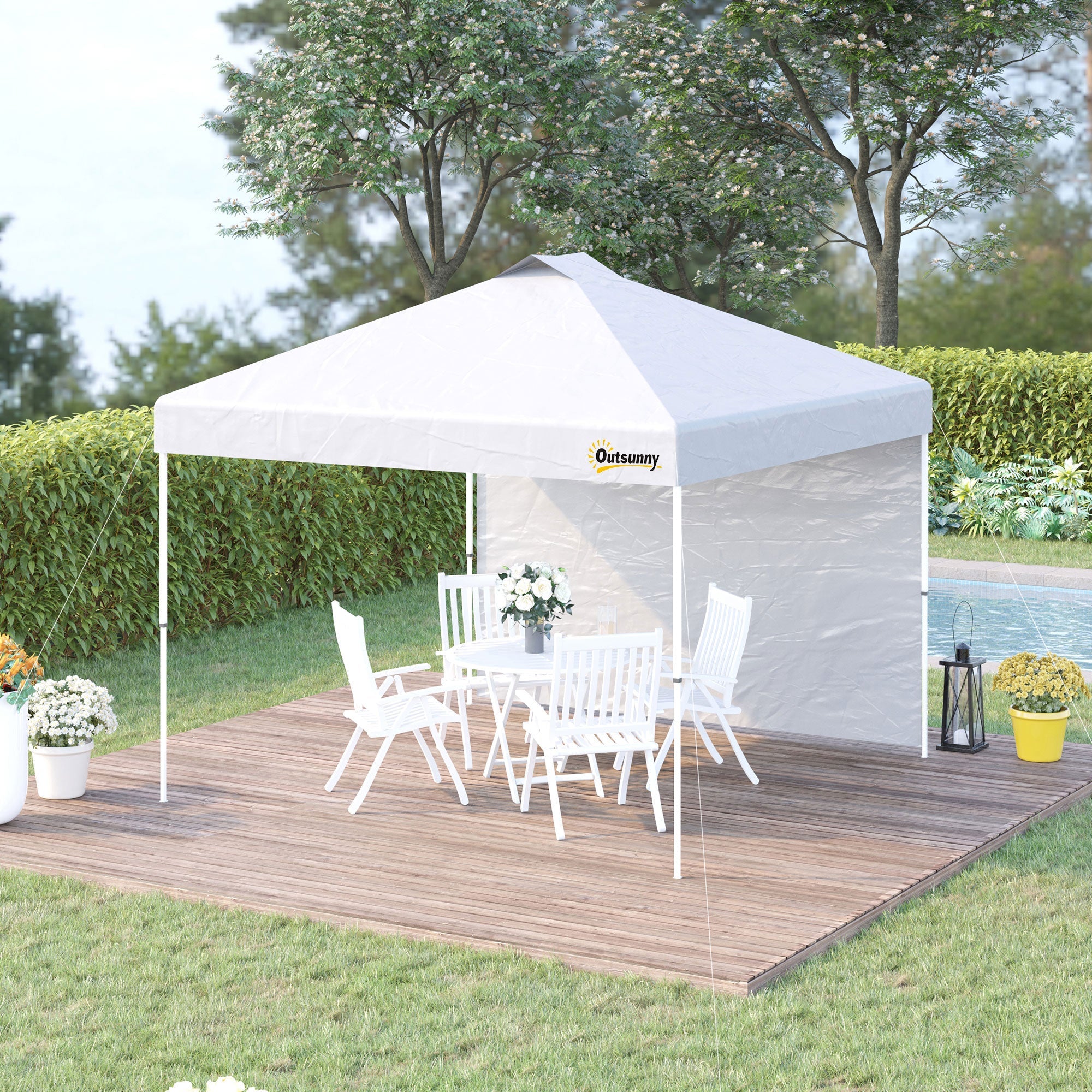 Outsunny 10' x 10' Pop Up Canopy Tent with Adjustable Height, 1 Sidewall, and Wheeled Carry Bag for Outdoor, Garden, Patio, White 
