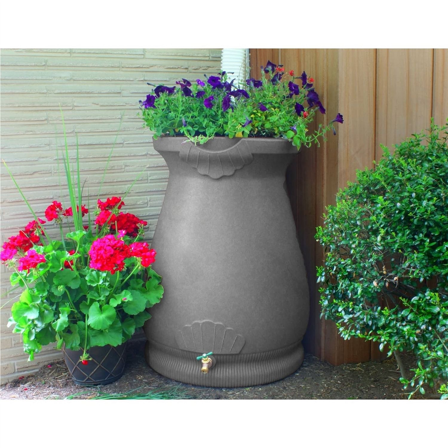 Grey Granite 65 Gallon Plastic Urn Rain Barrel with Planter Top - Free Shipping 