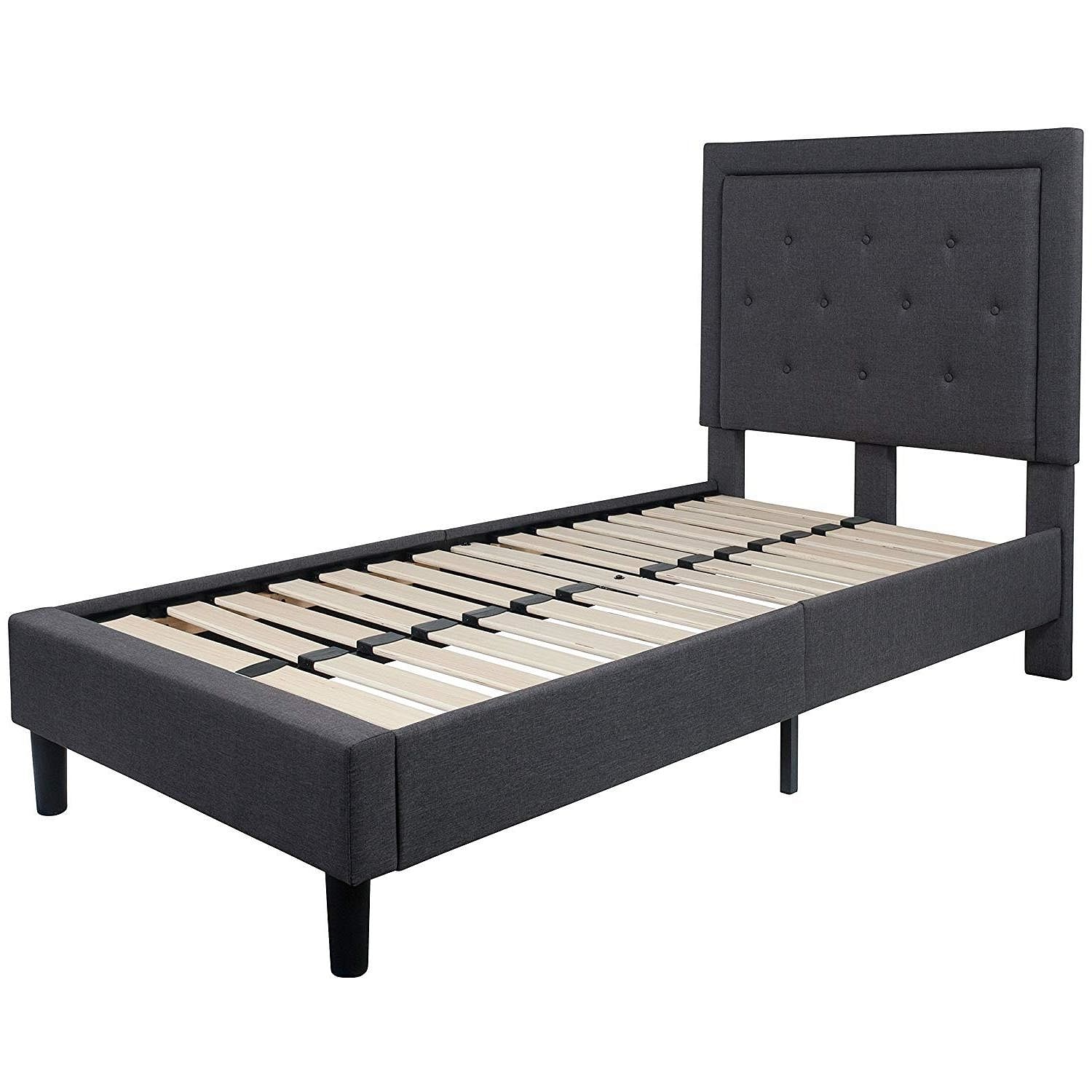 Twin Dark Gray Fabric Upholstered Platform Bed with Button Tufted Headboard - Free Shipping