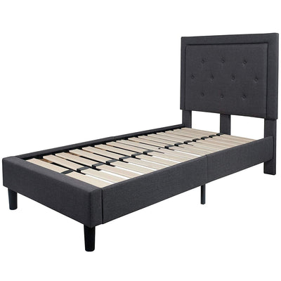 Twin Dark Gray Fabric Upholstered Platform Bed with Button Tufted Headboard - Free Shipping 
