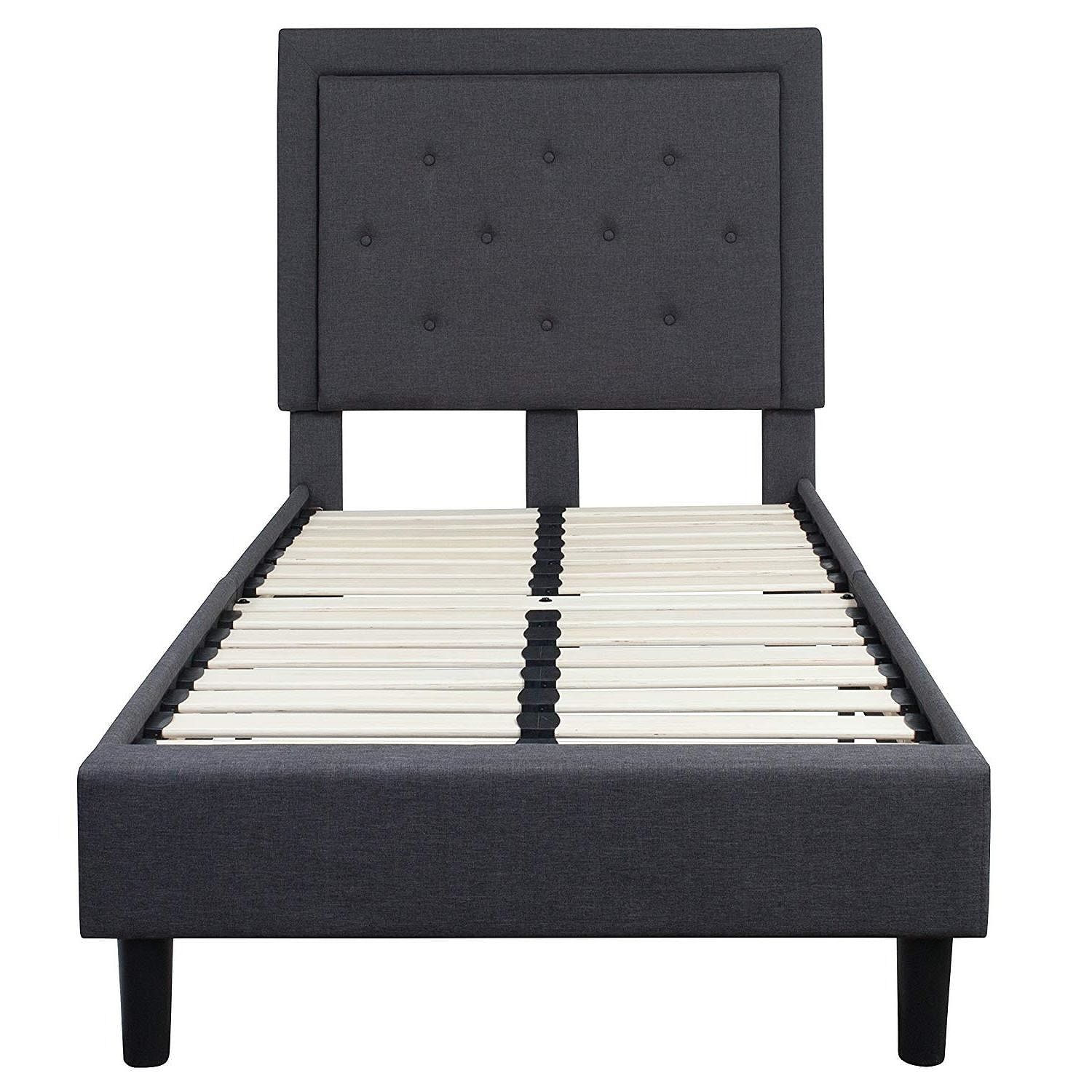 Twin Dark Gray Fabric Upholstered Platform Bed with Button Tufted Headboard - Free Shipping