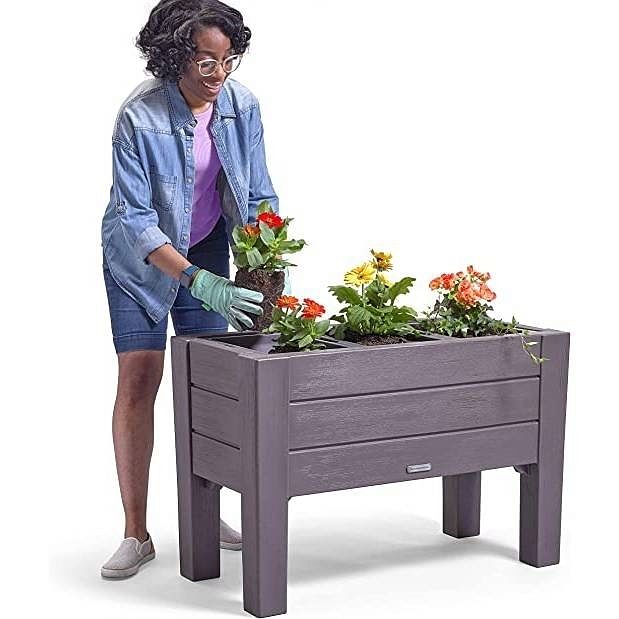 Rectangular Plastic Raised Garden Bed Planter Box - Dark Grey Cedar Wood Finish - Free Shipping