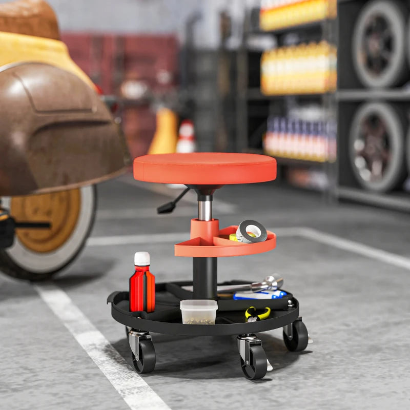 Rolling Garage Stool, 300 LBS Capacity Mechanic Stool with 2.5" Wheels, Tool Trays Storage, Adjustable Height, Orange