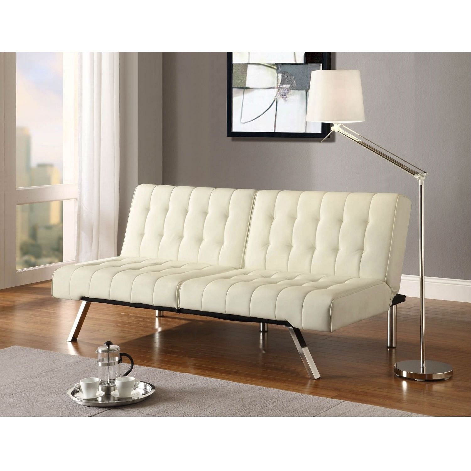 Split-back Modern Futon Style Sleeper Sofa Bed in Vanilla Faux Leather - Free Shipping