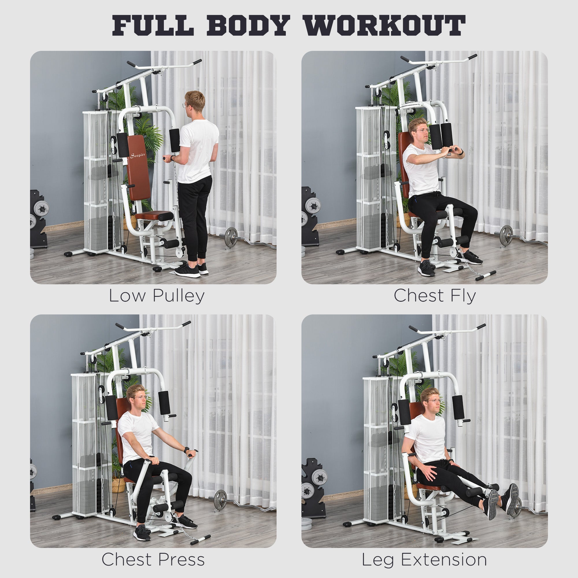 Soozier Home Gym, Multifunction Gym Equipment Workout Station with 100Lbs Weight Stack for Lat Pulldown, Leg Extensions, Preacher Bicep Curls, Triceps Pulldowns, Chest Press, White 