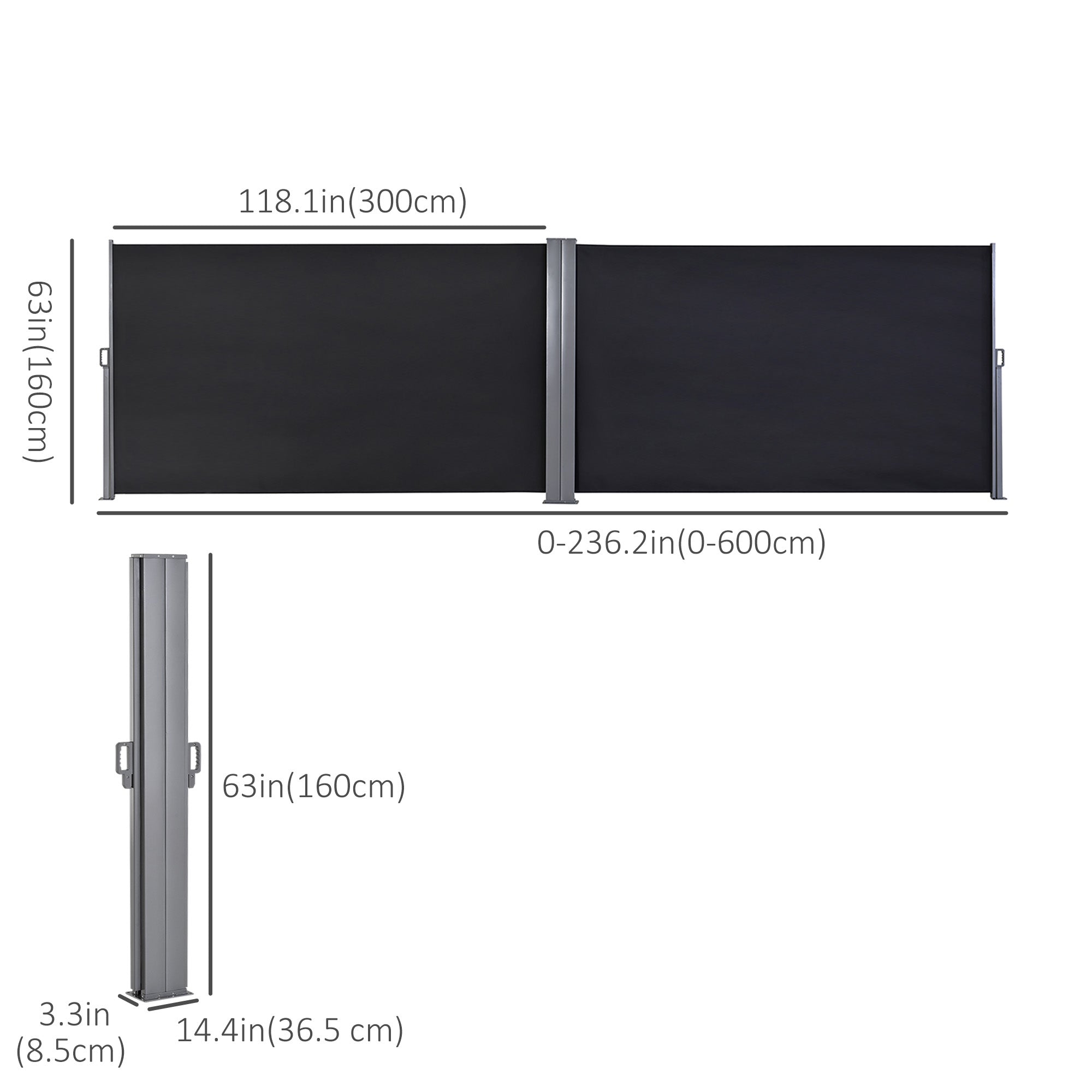 Outsunny 236" x 63" Outdoor Privacy Wall, Double Retractable Side Awning, Patio Screen for Garden, Balcony, Backyard, Black 