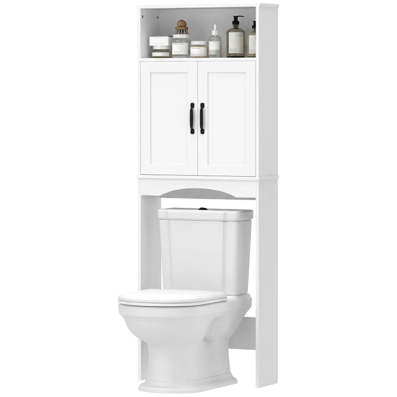 Over the Toilet Storage Cabinet Freestanding Bathroom Organizer with 2 Doors and Open Shelf White