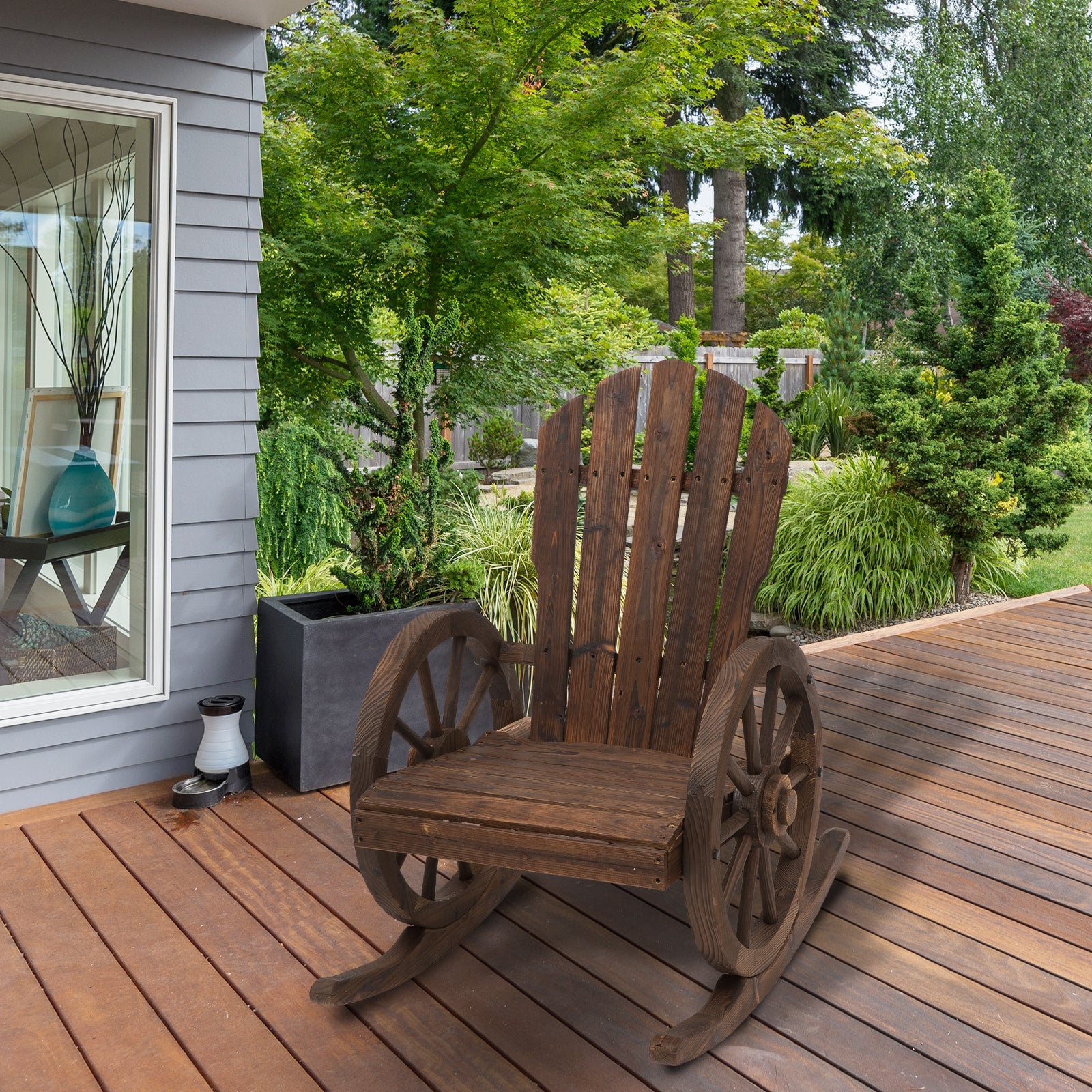 Outsunny Outdoor Adirondack Rocking Chair with Slatted Design and Oversize Back for Porch, Poolside, or Garden Lounging, Rustic Brown 