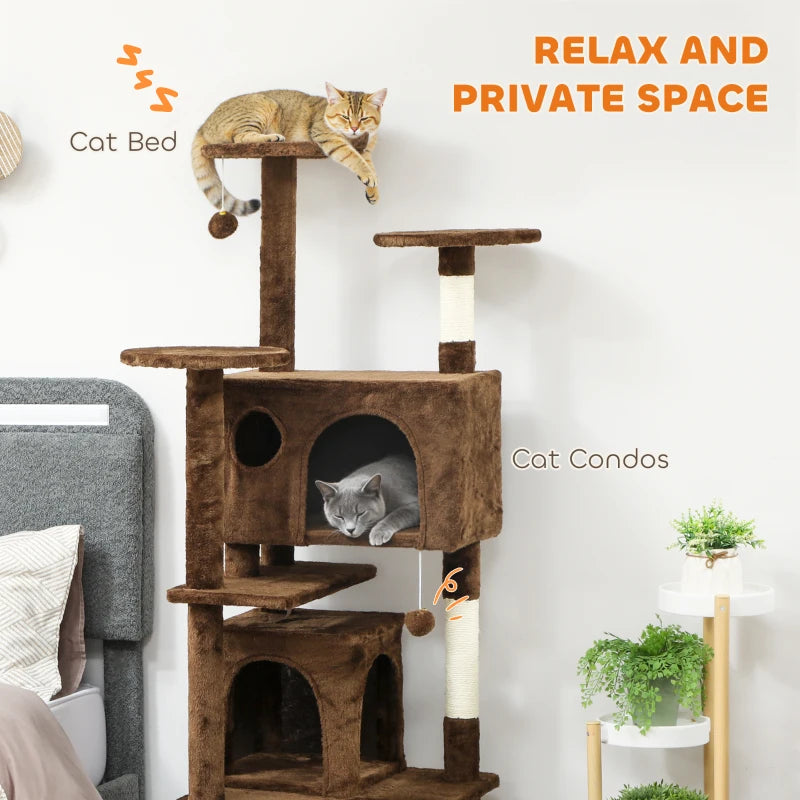 63" Cat Tree, Multi-Level Cat Tower with Scratching Posts, Cat Condos, Bed, Platforms, Ramp, Toy Ball, Light Brown