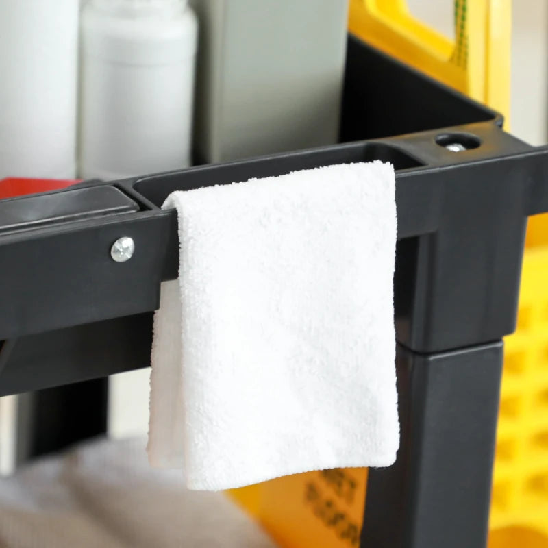 Janitorial Cart with 3 Shelves, Cleaning Cart on Wheels with Rubbish Bag and Mop Holders for Hotel, Housekeeping, Black