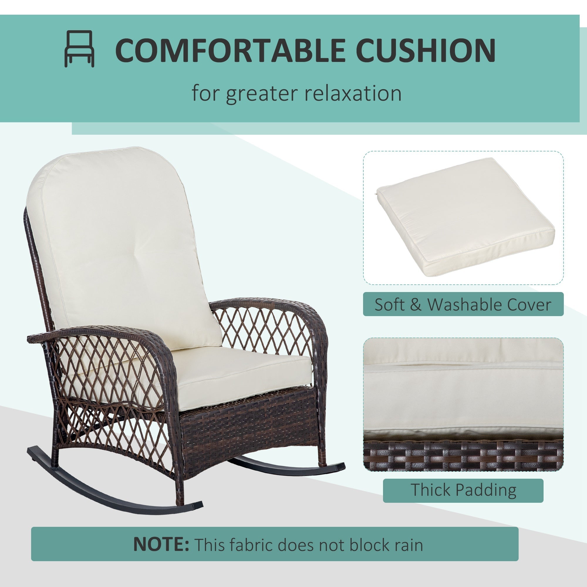 Outsunny Rattan Rocking Chair Outdoor Wicker Glider PE Rattan, Patio Recliner Rocker Chair Furniture with Soft Cushion 