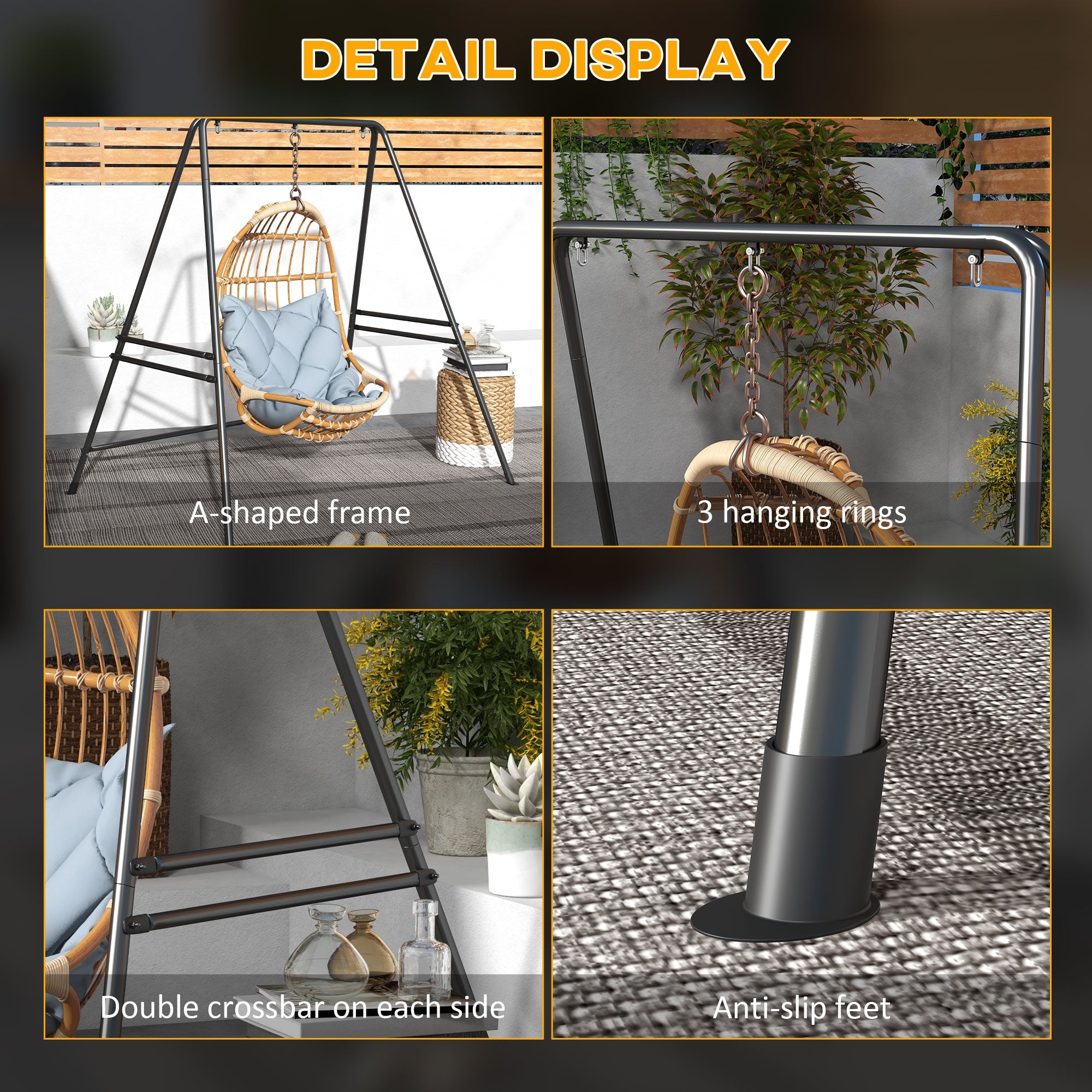 Outsunny Hammock Stand, Heavy Duty Metal Frame for Egg Chairs & Porch Swings, All-Season Outdoor Use, Black 