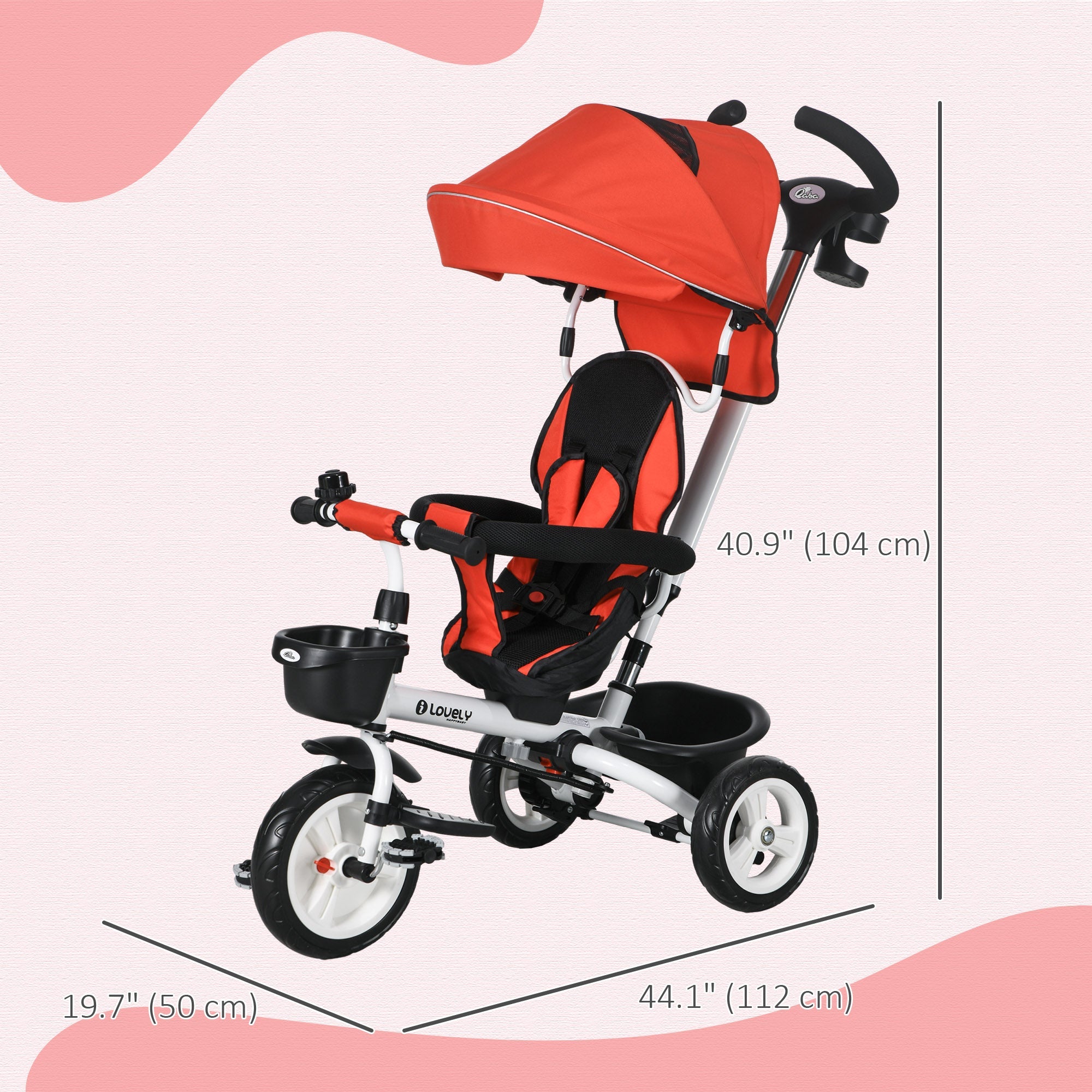 Qaba Red 6-in-1 Kids Trike with Parent Control Handle, Canopy, Storage, Cupholder - Outdoor Play Essential 