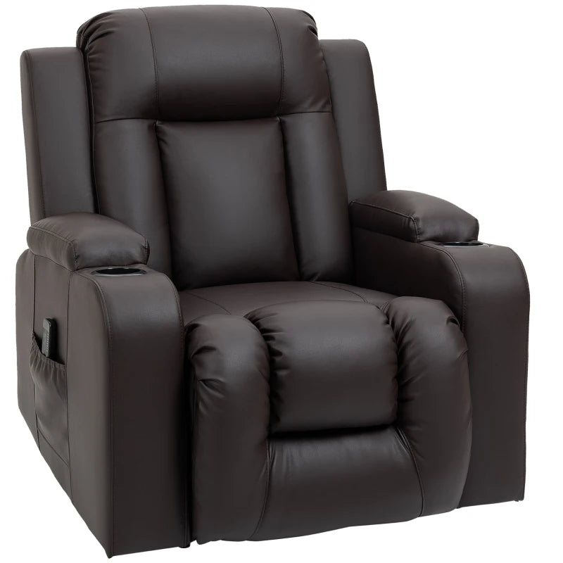 HOMCOM Massage Recliner Chair for Living Room with 8 Vibration Points, PU Leather Manual Reclining Chair with Cup Holders, Swivel Base, Rocking Function, Brown