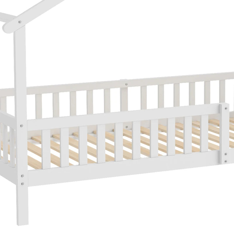 Twin House Bed Frame with Roof, Solid Wood Montessori-Style Kids Bed with Guardrails – White