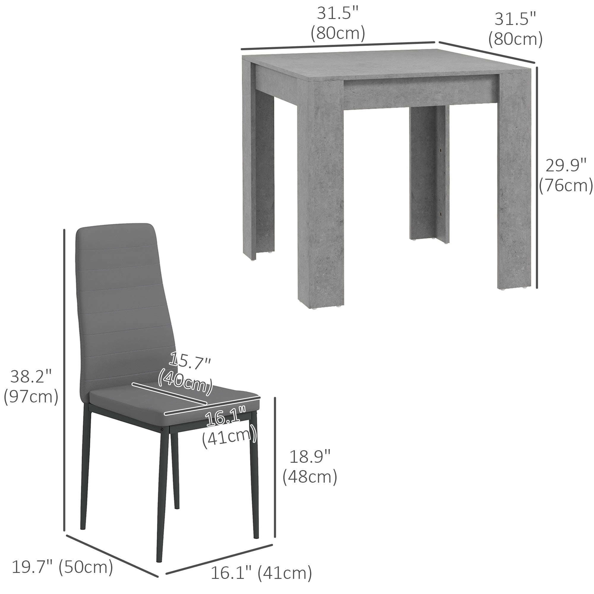 HOMCOM 2-Person Dining Set Square Faux Cement Table PU Leather Chairs Compact Kitchen Furniture for Small Spaces 