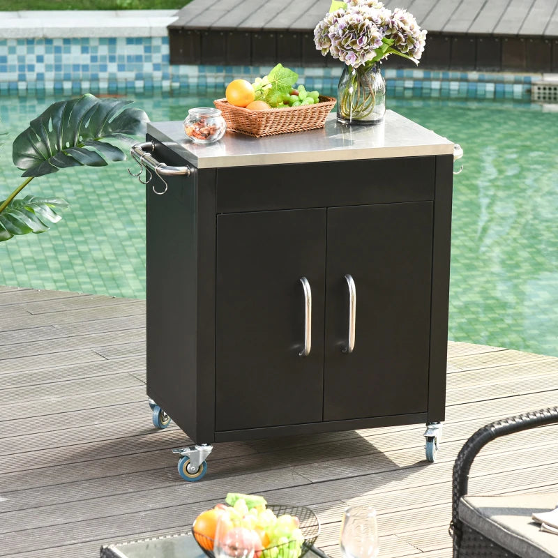 Outdoor Grill Cart with Stainless Steel Top, Pizza Oven Table with Wheels Hooks Cabinet Handles,  Black