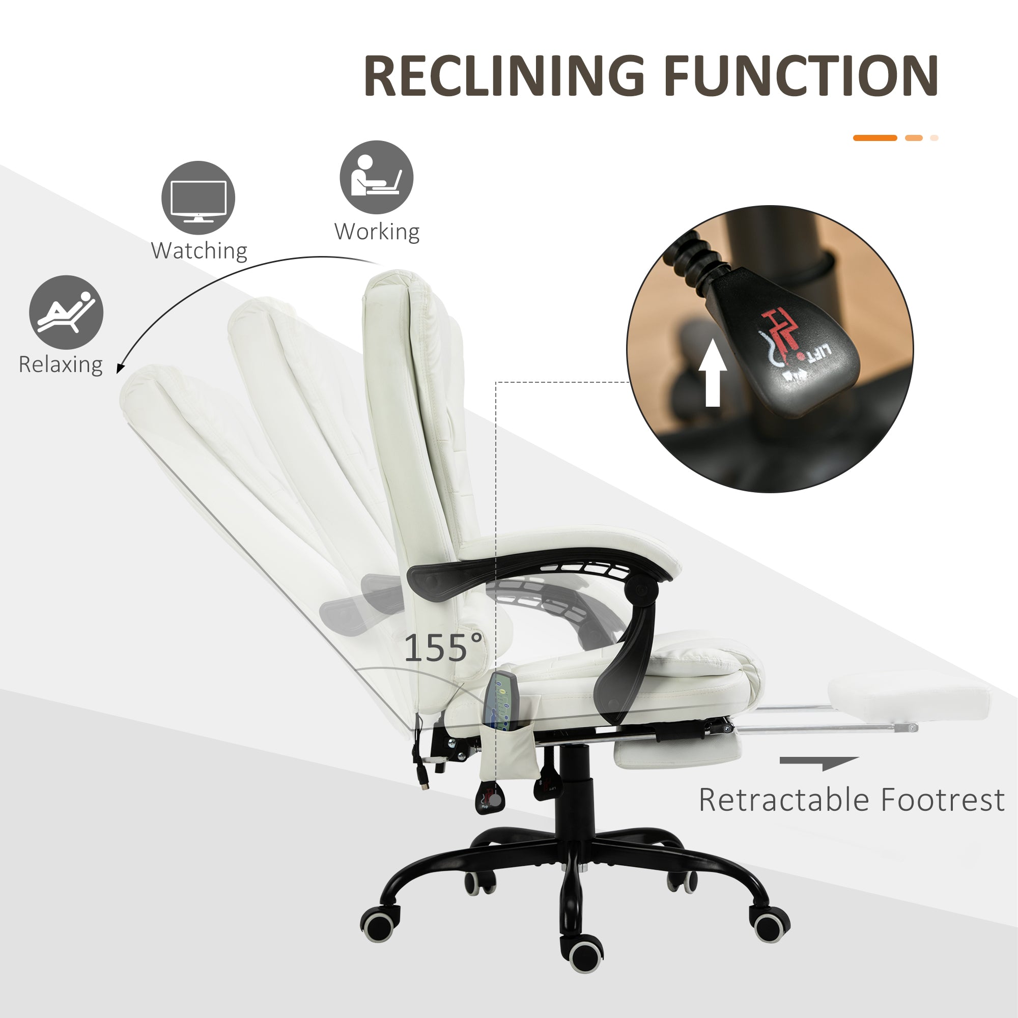 Vinsetto Ergonomic Reclining Office Chair with 7-Point Vibrating Massage, Footrest, Height Adjustable Swivel Executive Chair  White 